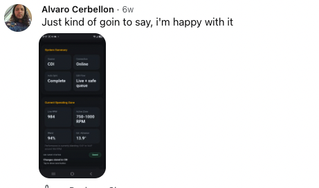 Facebook customer post from Alvaro Cerbellon showing the Zetti tuner screen on a phone.